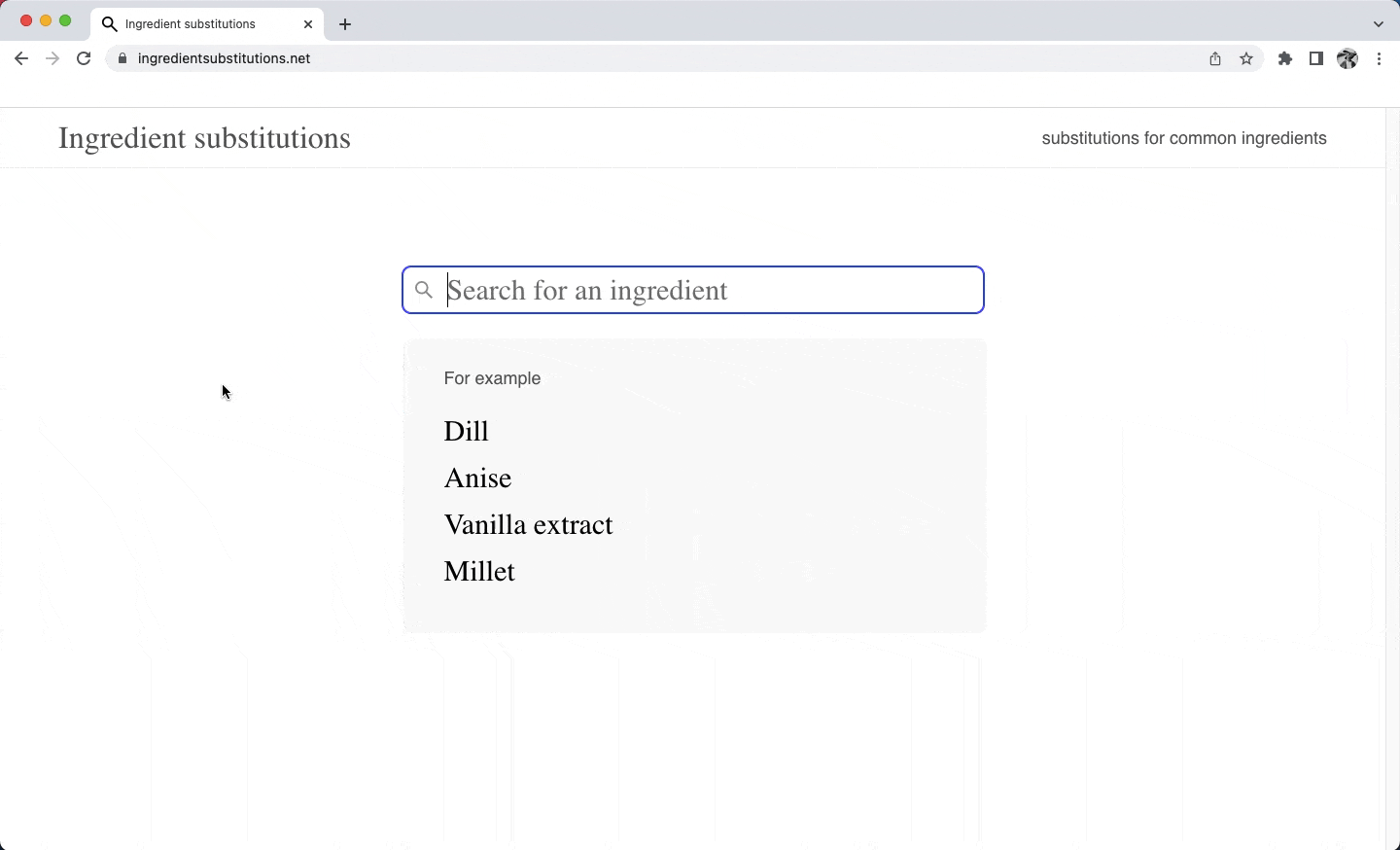 GIF of ingredientsubstitutions.net being used